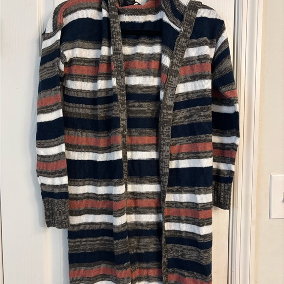 Chic Striped Cardigan Sweater - Navy, Brown, and White - Picture 1 of 4